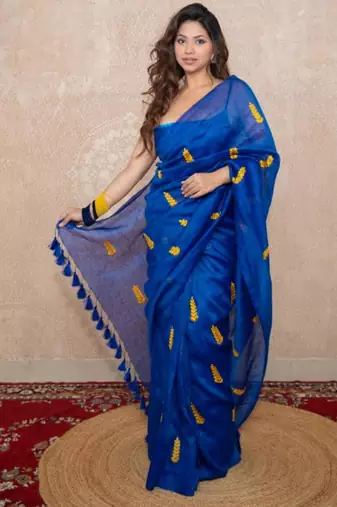 Blue silk blend saree with leaf embroidery