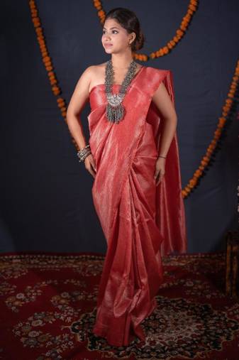 Red striped zari linen saree