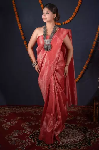 Red striped zari linen saree