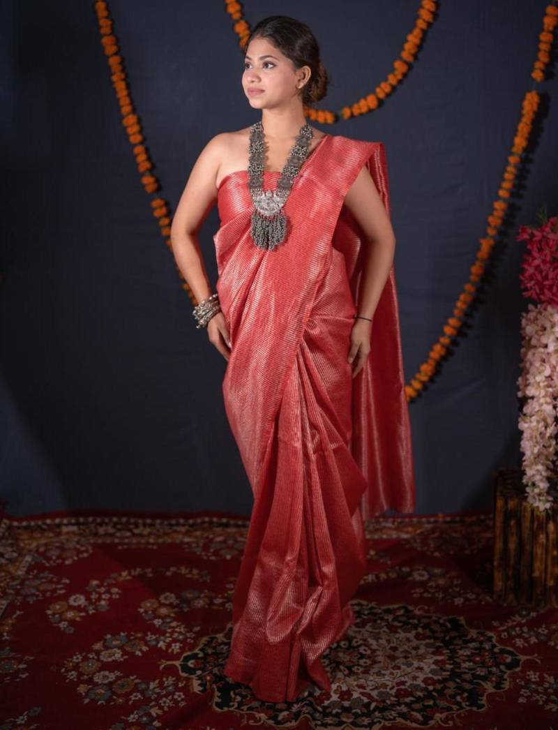 Red striped zari linen saree
