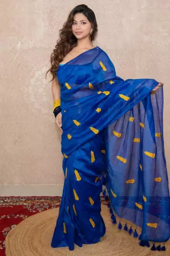 Blue silk blend saree with leaf embroidery