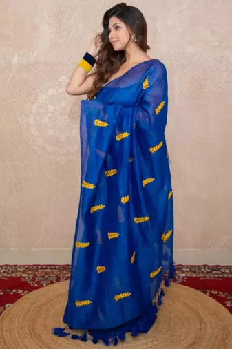 Blue silk blend saree with leaf embroidery