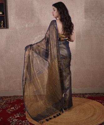blue zari saree with striped pallu 2