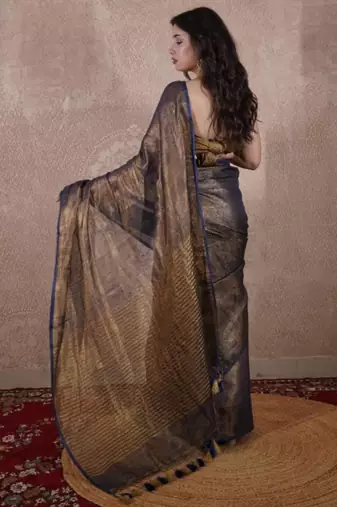 blue zari saree with striped pallu