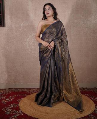 blue zari saree with striped pallu 3