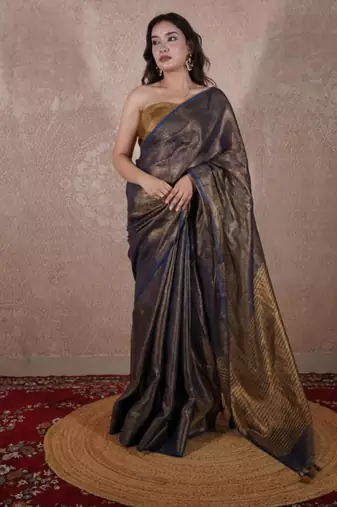 blue zari saree with striped pallu