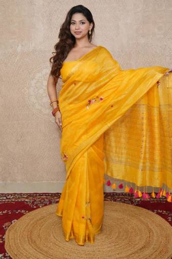 yellow silk blend linen saree