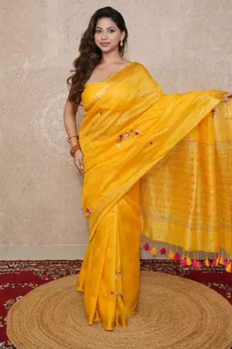 yellow silk blend linen saree