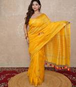 yellow silk blend linen saree
