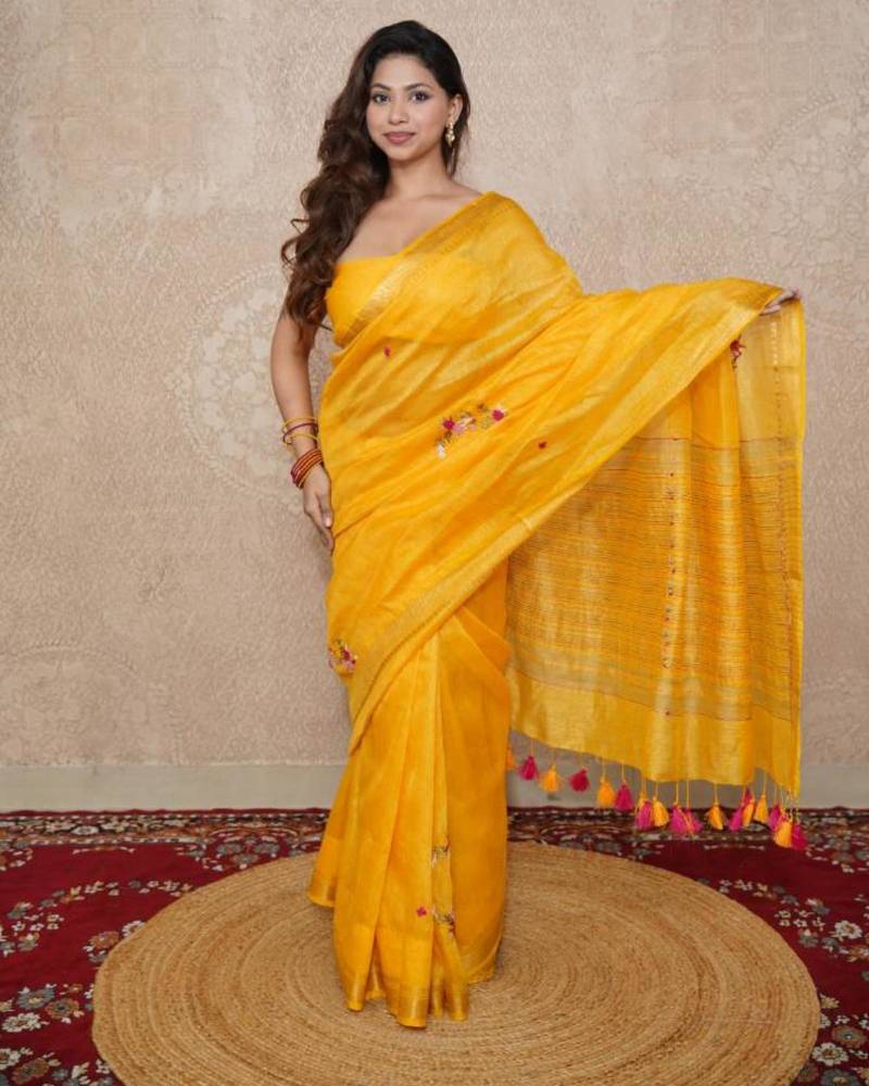 yellow silk blend linen saree