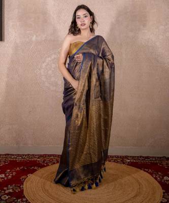 blue zari saree with striped pallu 4