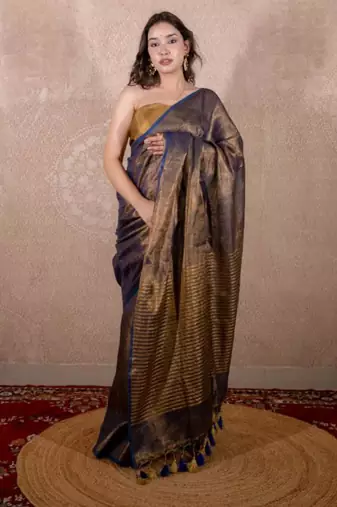 blue zari saree with striped pallu