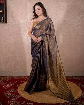 blue zari saree with striped pallu 1
