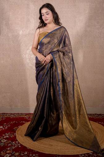blue zari saree with striped pallu