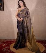 blue zari saree with striped pallu