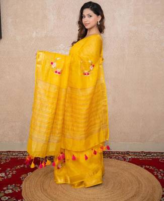 yellow silk blend linen saree 2