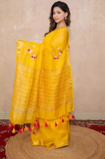 yellow silk blend linen saree