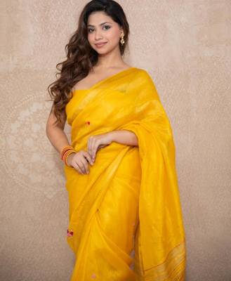 yellow silk blend linen saree 3