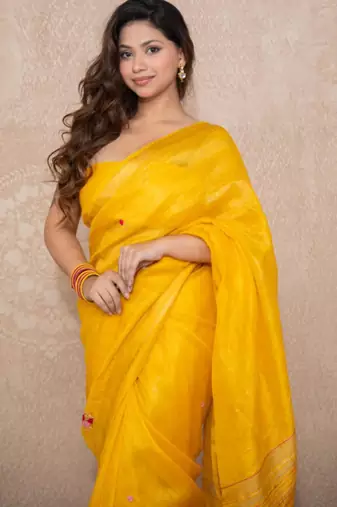 yellow silk blend linen saree