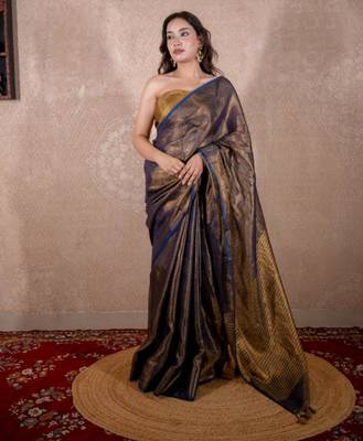 blue zari saree with striped pallu 5