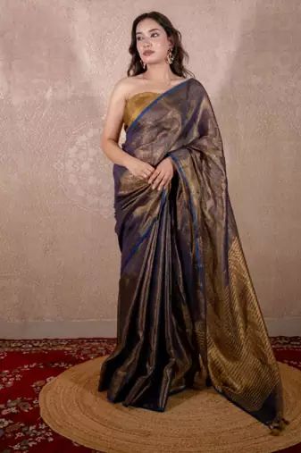 blue zari saree with striped pallu