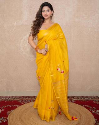 yellow silk blend linen saree 4
