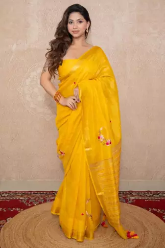yellow silk blend linen saree