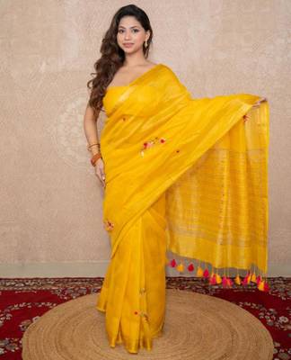 yellow silk blend linen saree 5