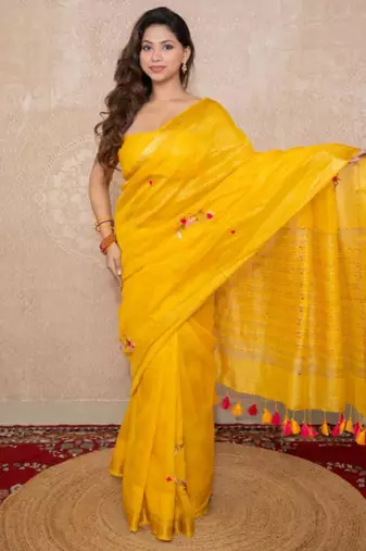 yellow silk blend linen saree