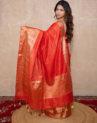 red silk blend linen saree 2