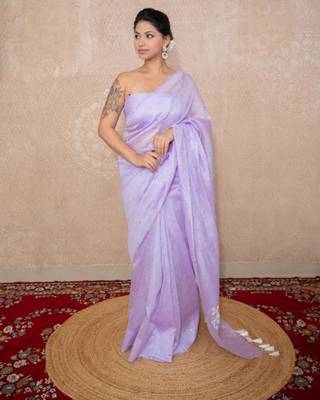 lavender silk blend linen saree 5
