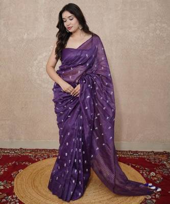 purple floral silk blend linen saree 1