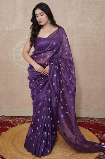 purple floral silk blend linen saree