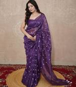 purple floral silk blend linen saree