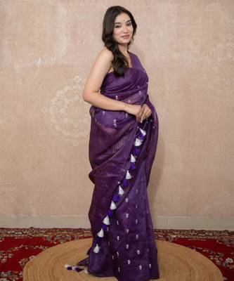 purple floral silk blend linen saree 2