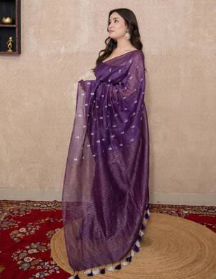 purple floral silk blend linen saree 3