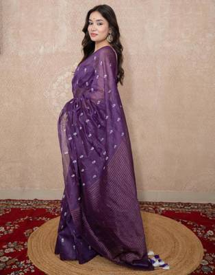 purple floral silk blend linen saree 4