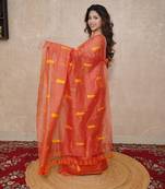 orange silk blend saree with leaf embroidery
