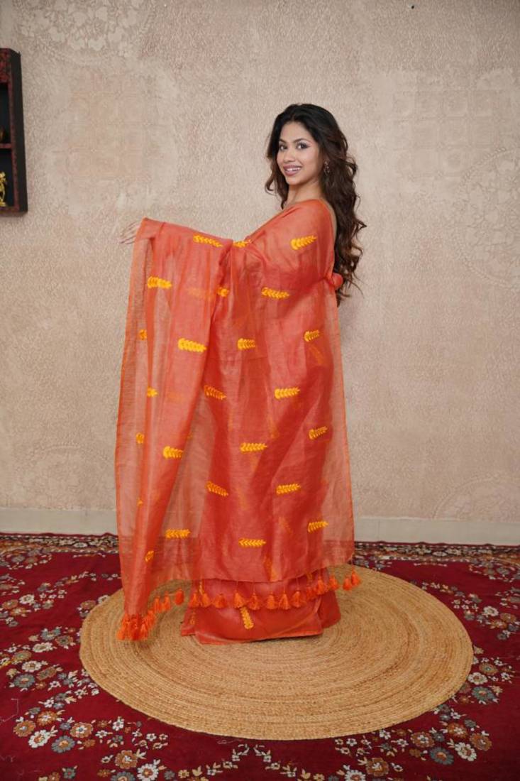 orange silk blend saree with leaf embroidery