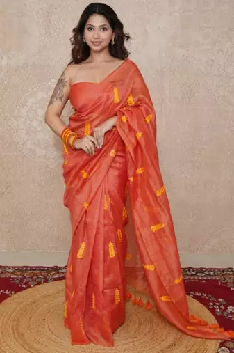orange silk blend saree with leaf embroidery