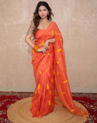 orange silk blend saree with leaf embroidery 3