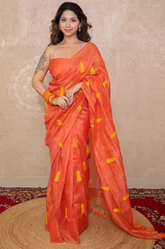 orange silk blend saree with leaf embroidery