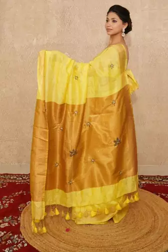 yellow saree with hand embroidery