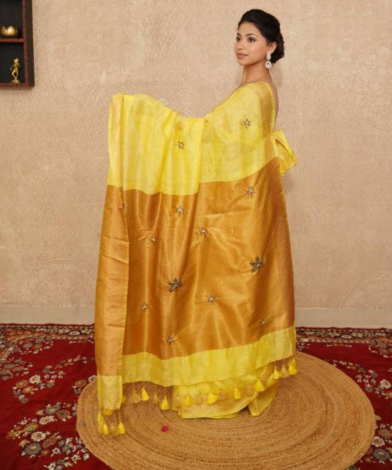 yellow saree with hand embroidery