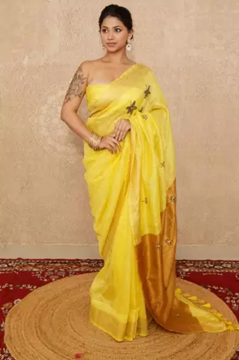 yellow saree with hand embroidery