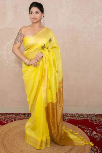 yellow saree with hand embroidery