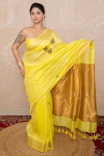 yellow saree with hand embroidery