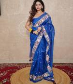 blue floral silk blend saree