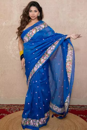 blue floral silk blend saree