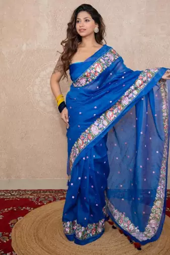 blue floral silk blend saree